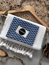 White Handloom Cotton Saree With Blue Print Blouse